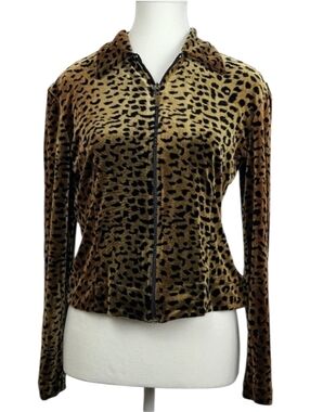 Joseph Ribkoff Vintage Leopard Print Zip Up Blouse Sz 8 Long Sleeve Animal Print